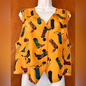 VTG The Limited Vest Women’s 100% Silk Size L/M Cowboy Boot Print Western Yellow